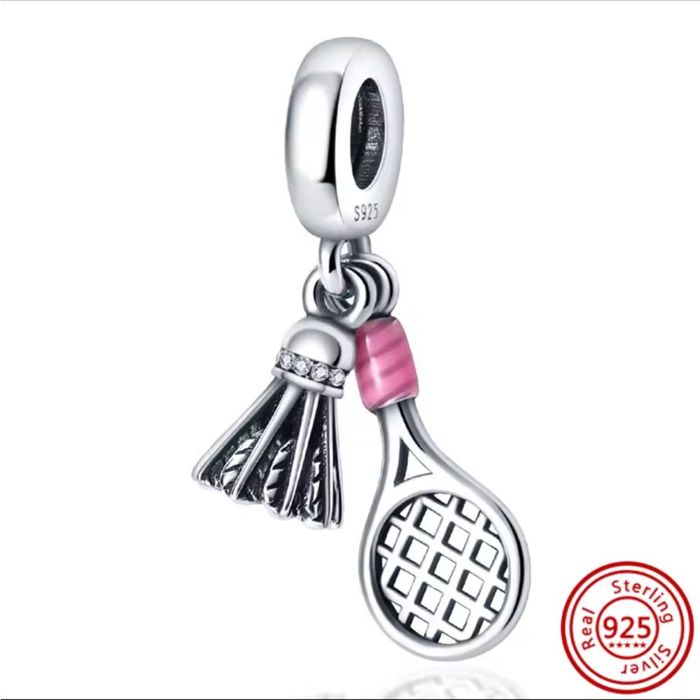 NWOT Badminton Racket and Shuttlecock Dangle Charm Sterling Silver 925